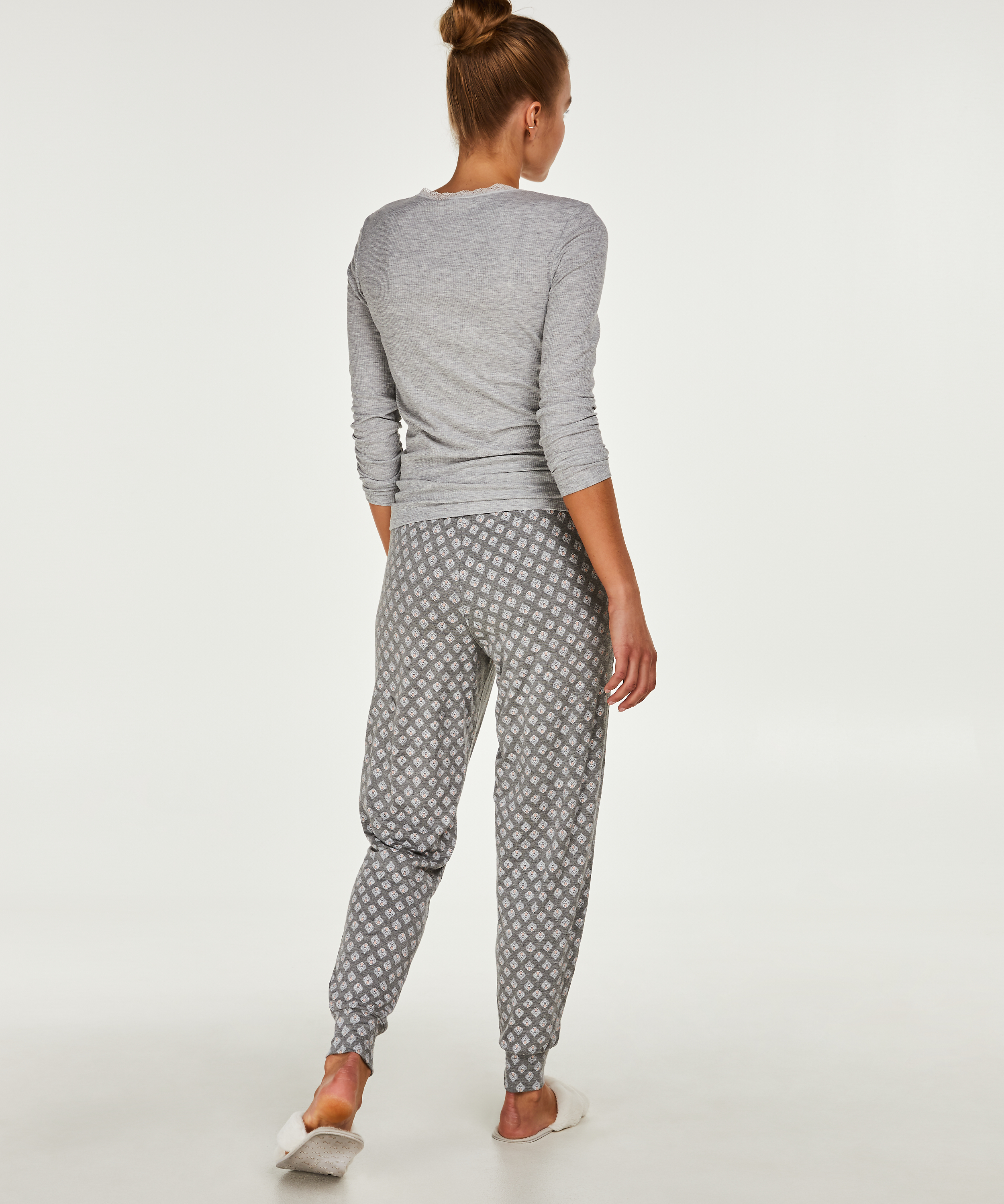 Prążkowany top z długim rękawem i okrągłym dekoltem, Szary, main