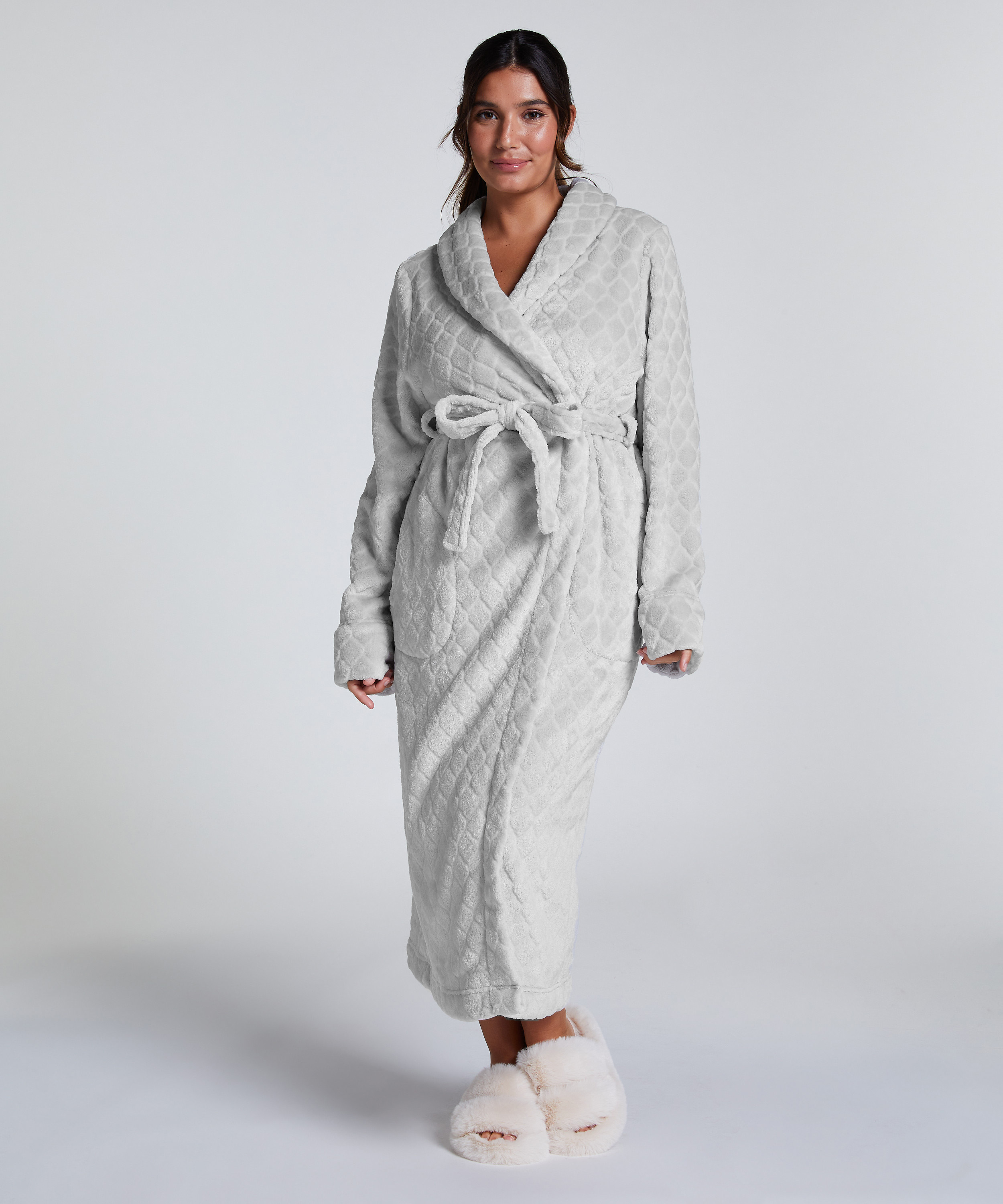 Long Fleece Bathrobe, Szary, main