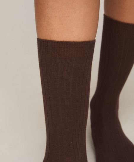 Cashmere Blend Ribbed Socks, Brązowy