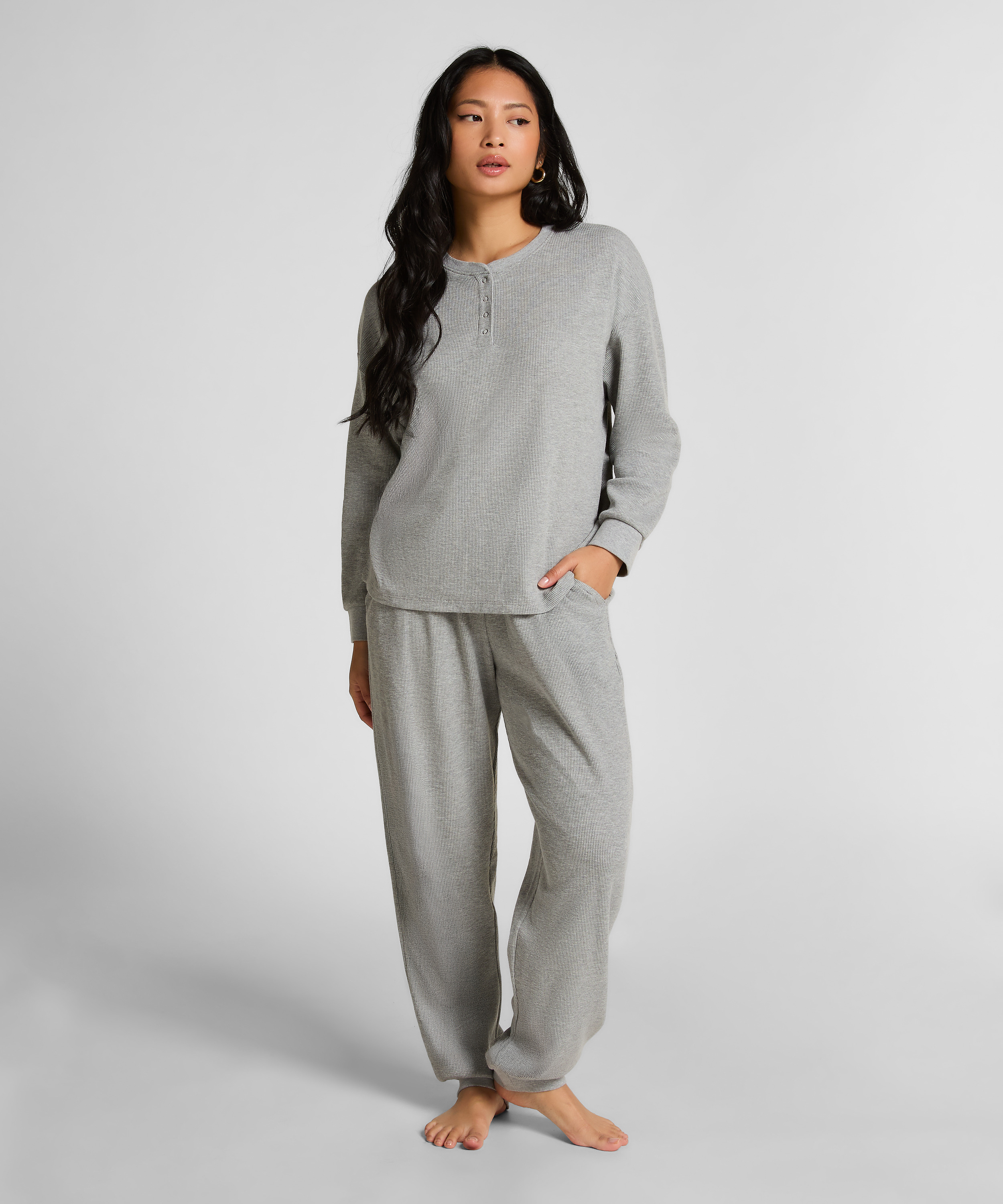 Top z tkaniny wafel Henley, Szary, main