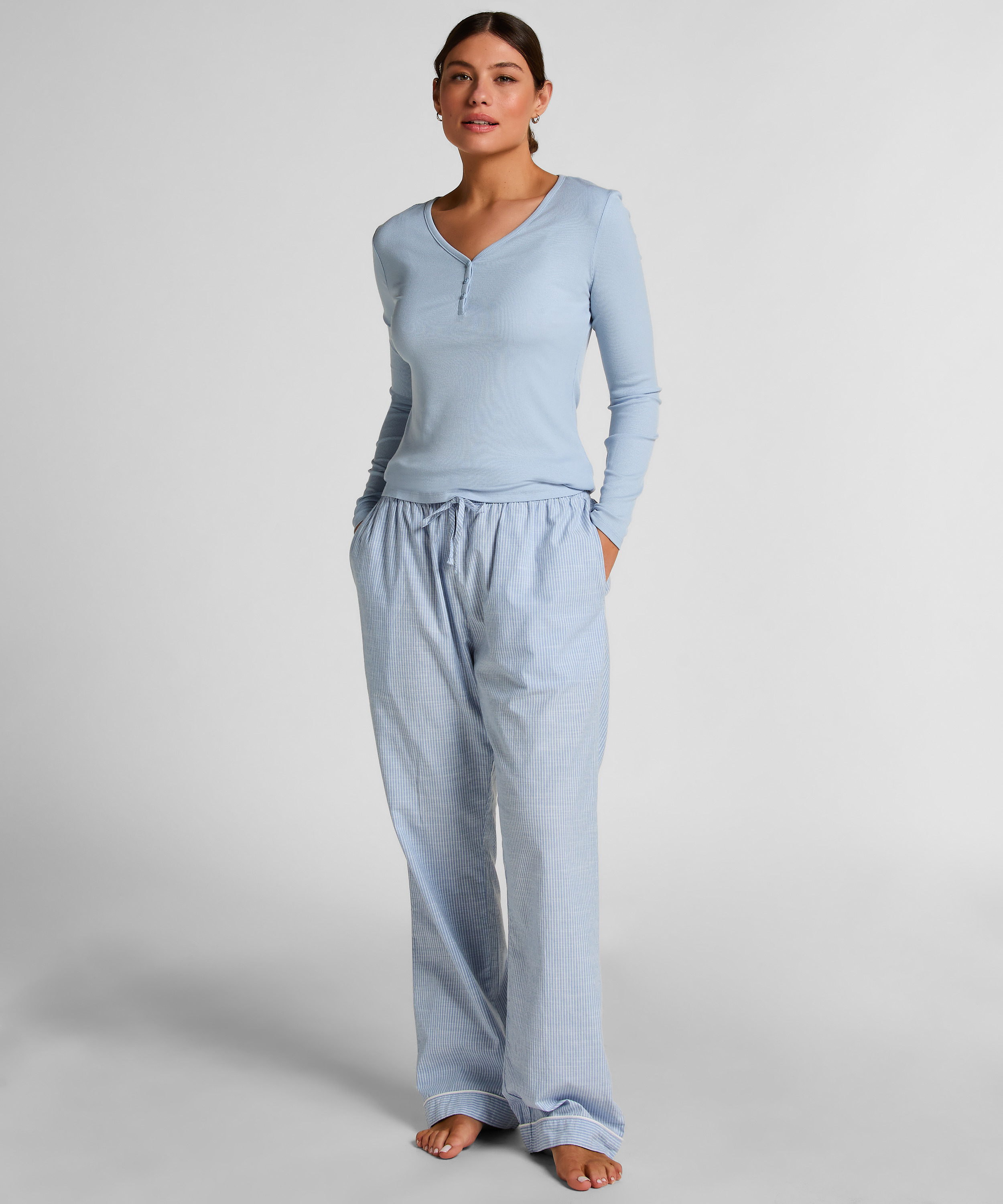 Bluza piżamowa Henley z długim rękawem, Niebieski, main
