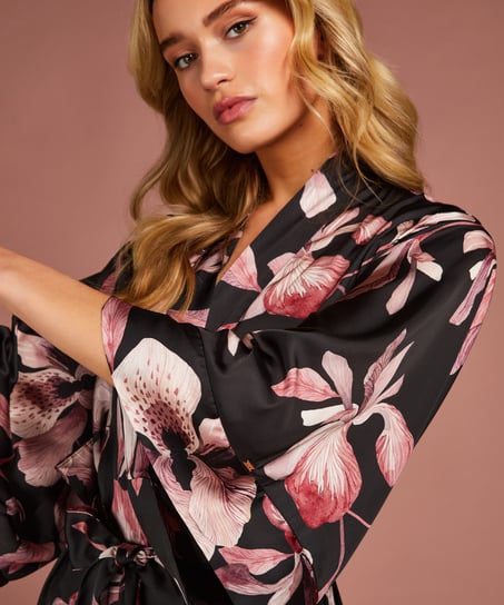 Satynowe kimono Bloom, Czarny
