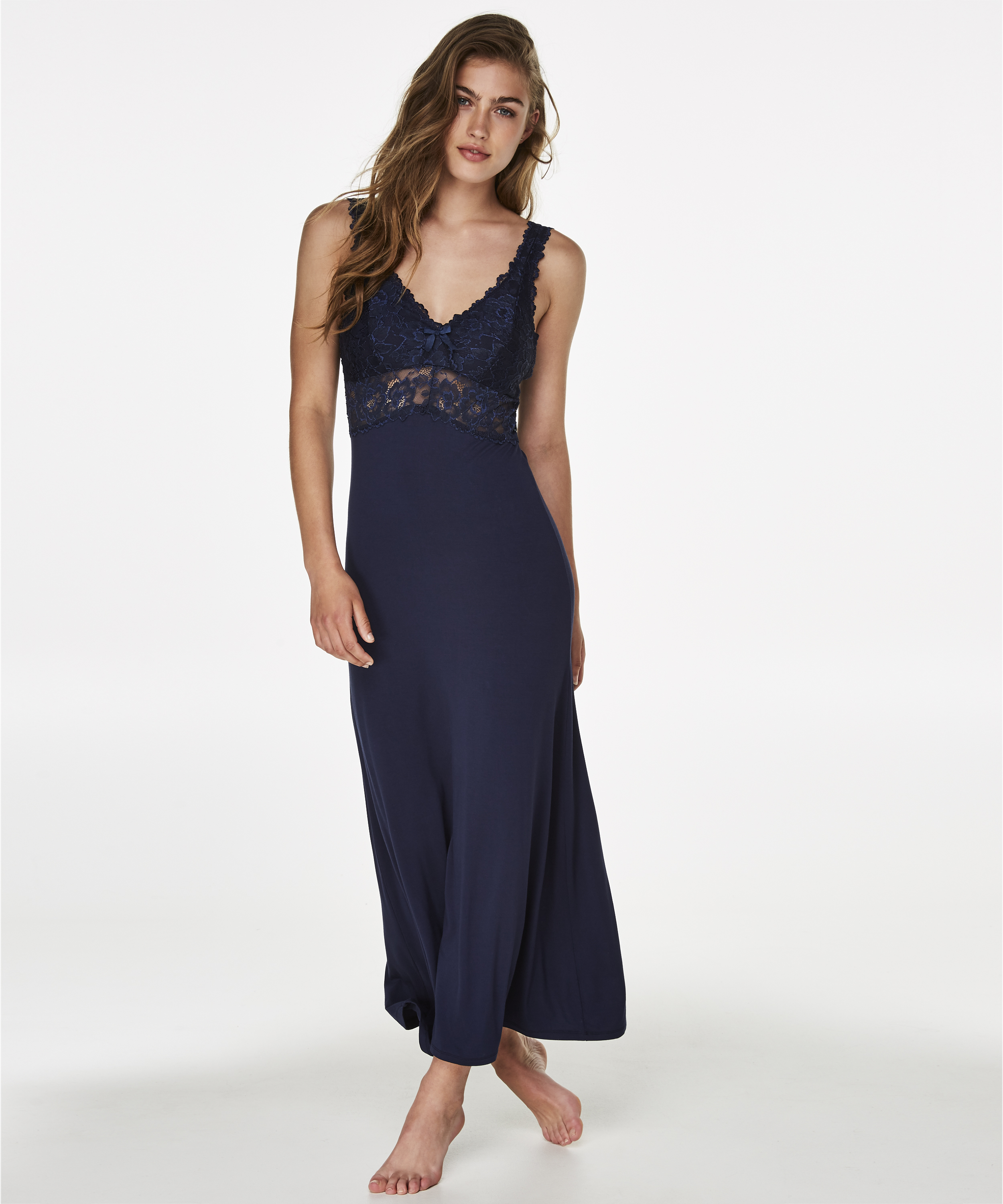 Long slip dress Modal lace, Niebieski, main