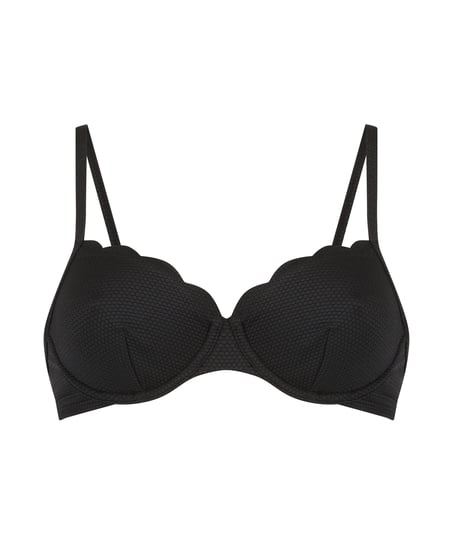 Nieusztywniany stanik bikini z fiszbinami, z falowanym brzegiem, Czarny