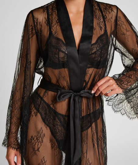 Długie kimono z koronką, Czarny