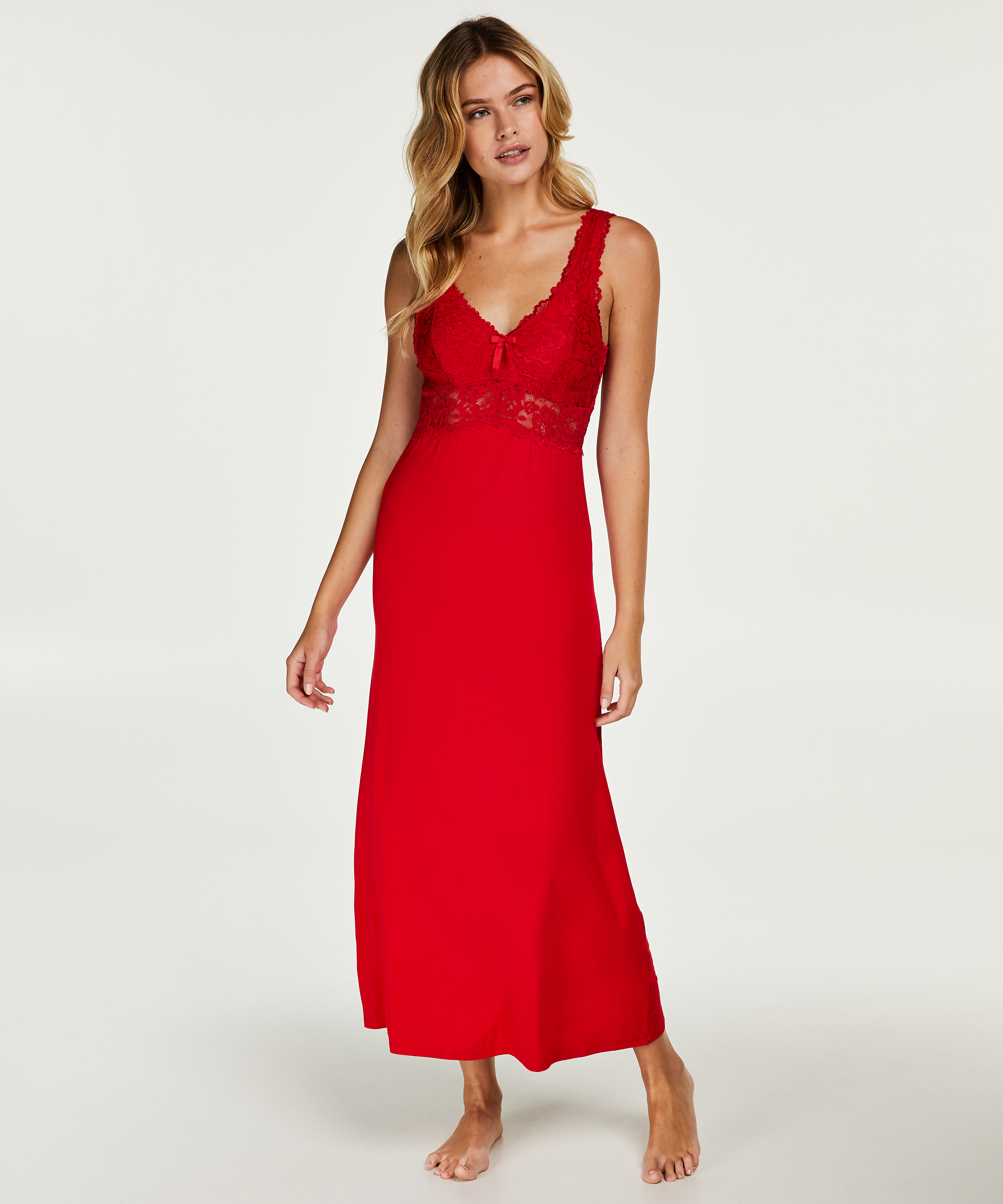 Long slip dress Modal lace, Czerwony, main