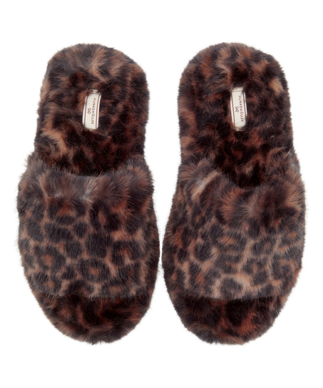 Kapcie Sztuczne Futro Leopard, Brązowy