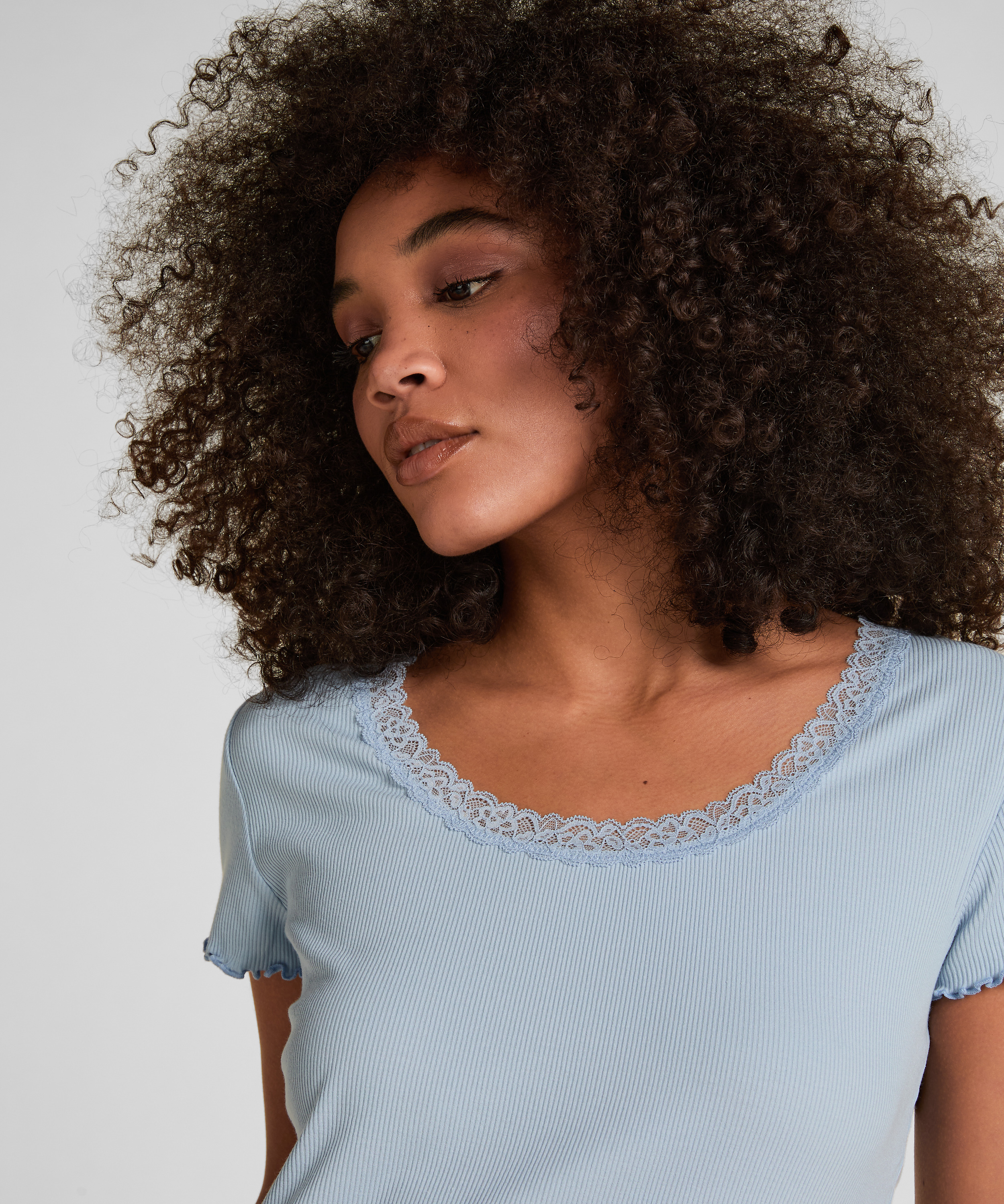 Top Piżamowy Jersey Rib z Koronką, Niebieski, main