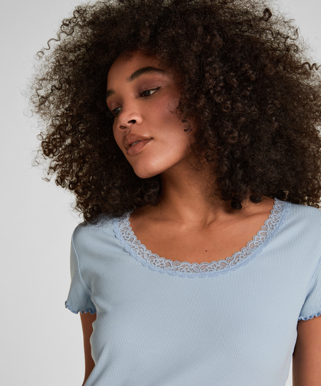 Top Piżamowy Jersey Rib z Koronką, Niebieski