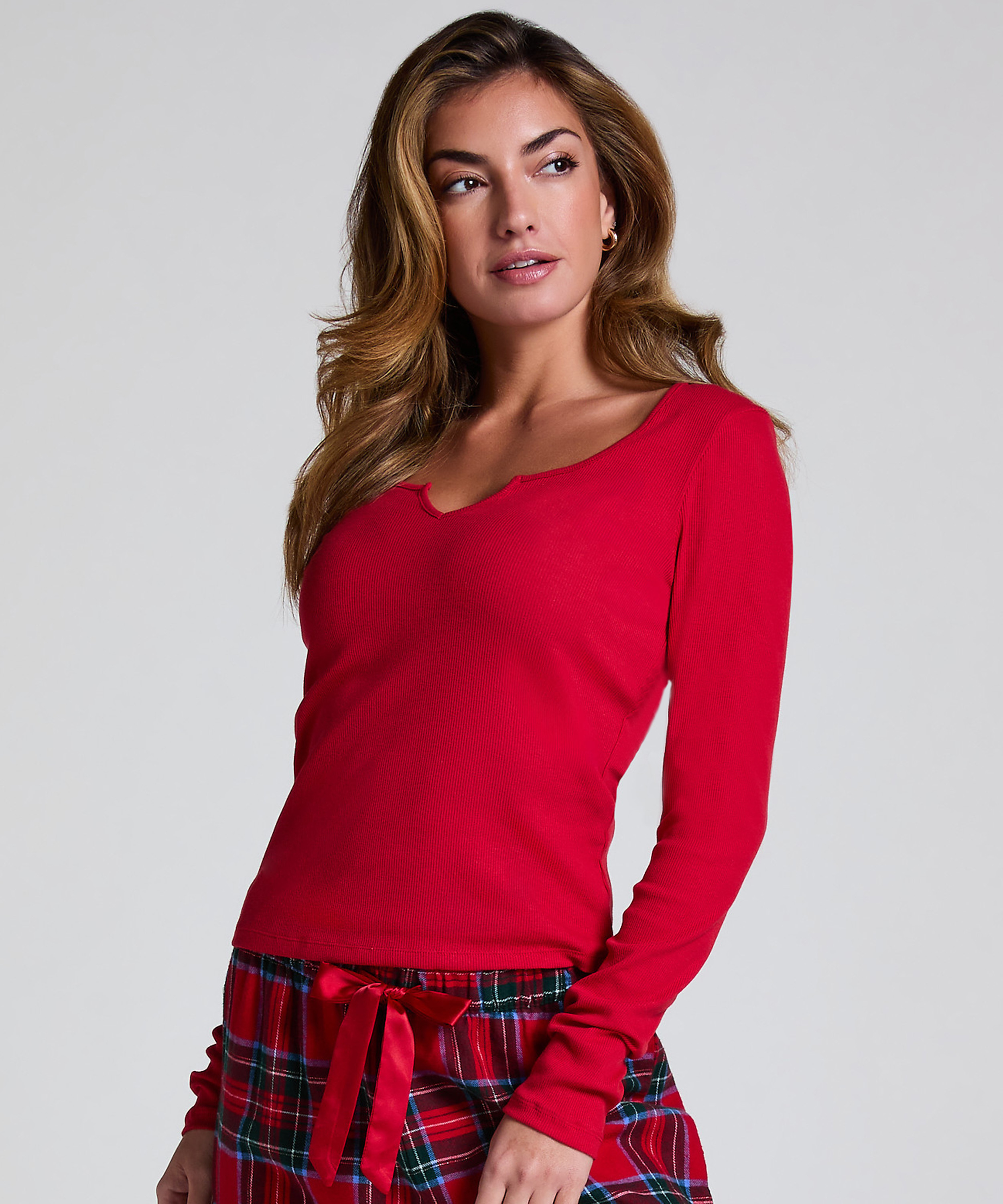 Top V-neck long sleeves, Czerwony, main