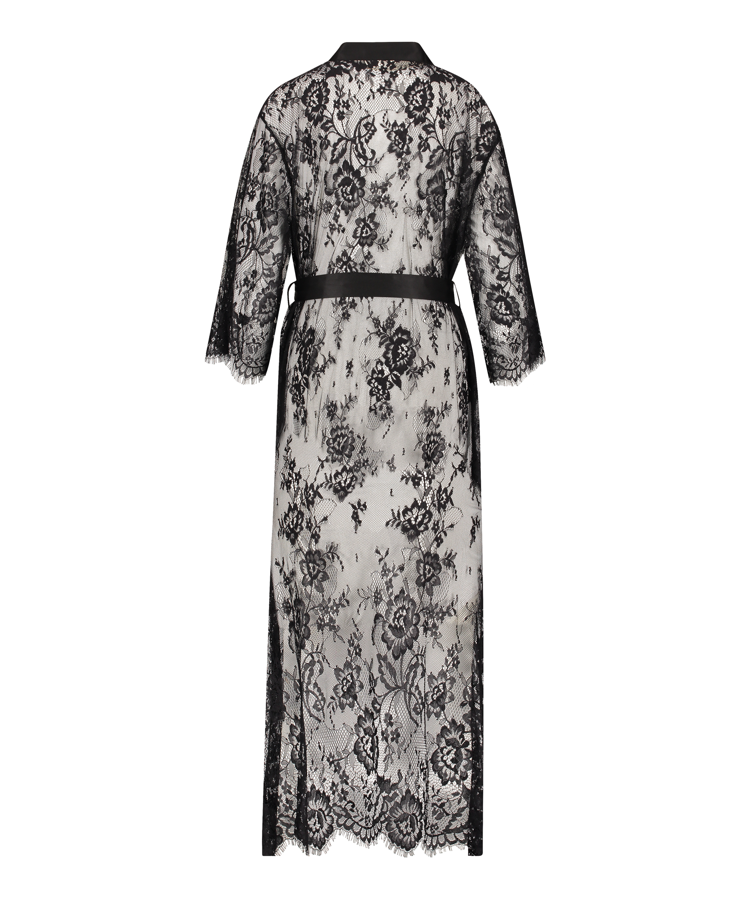Długie kimono z koronką, Czarny, main