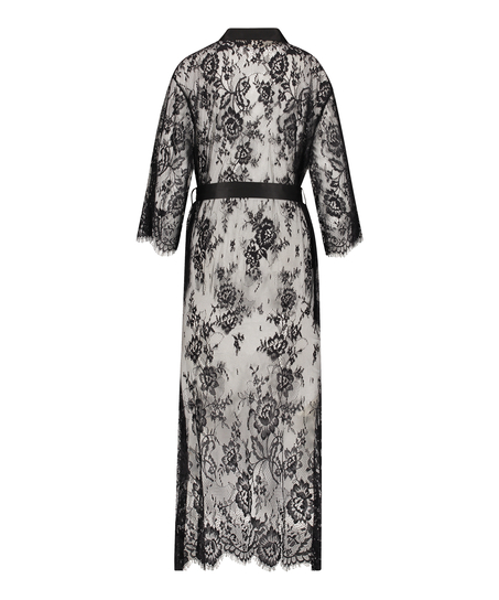 Długie kimono z koronką, Czarny