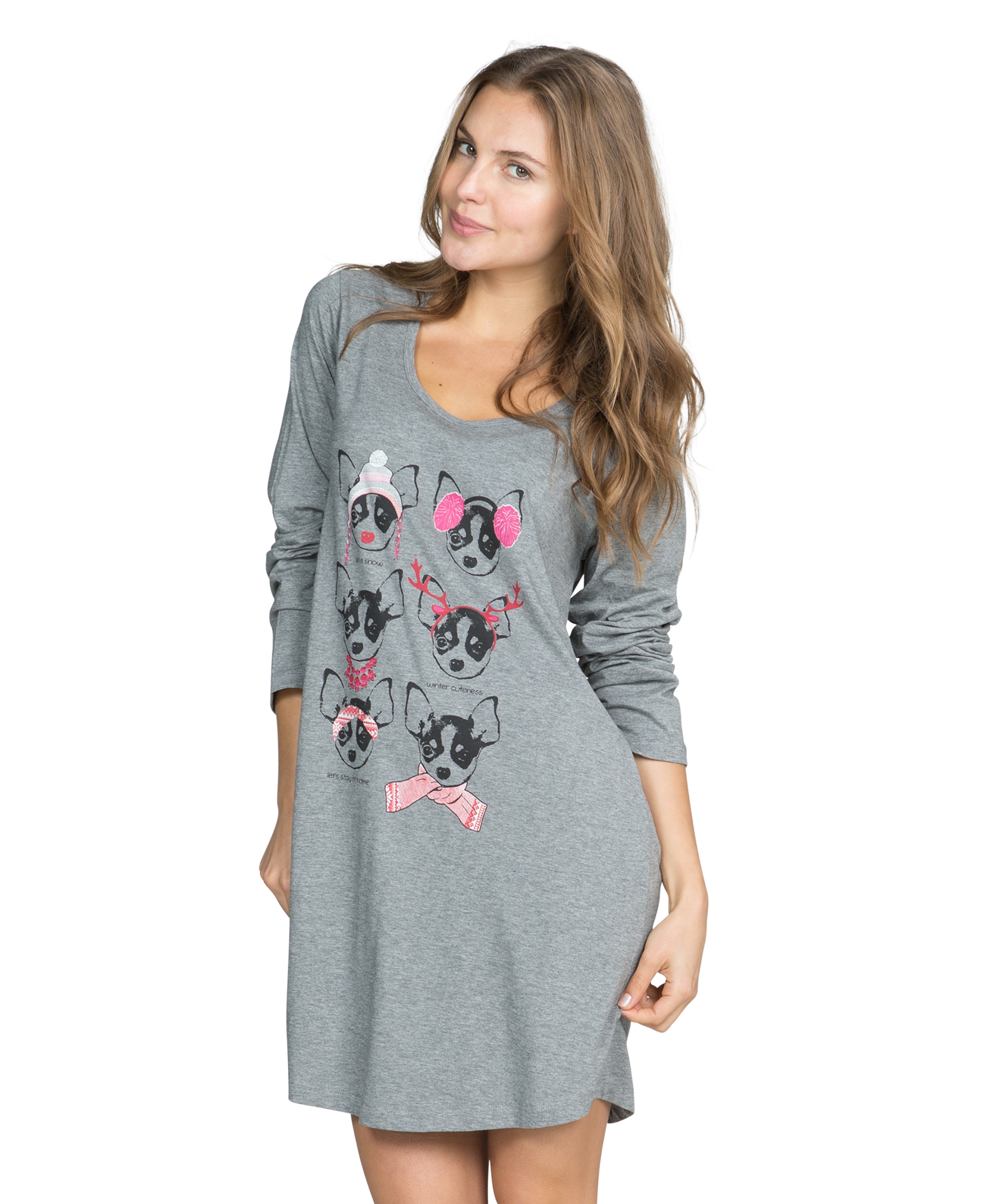 Nightshirt round neck long sleeves, Szary, main