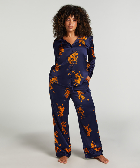 Kurtka z satyny z długimi rękawami, Niebieski