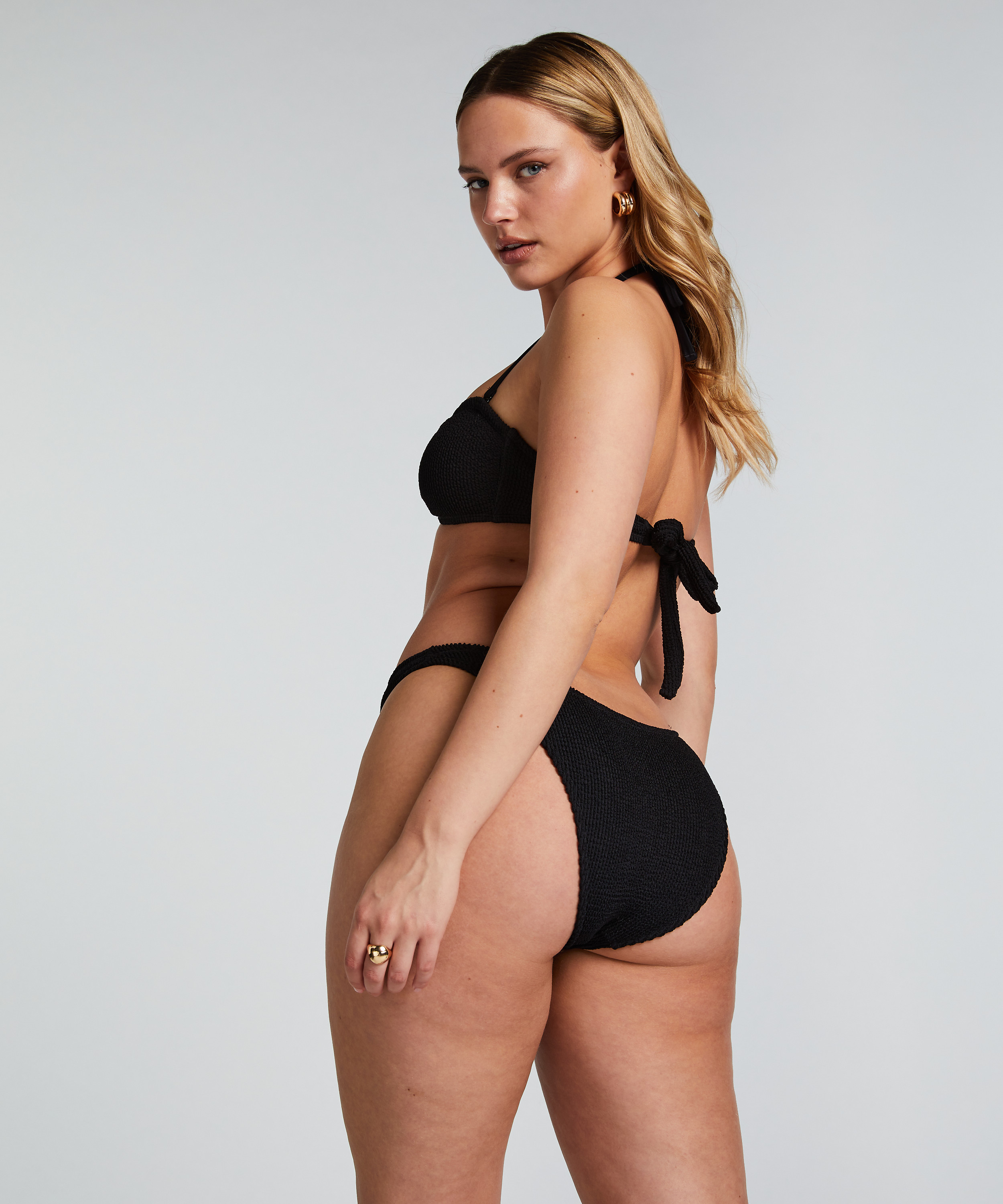 Majtki Bikini Wysoko Krojona Crinkle, Czarny, main