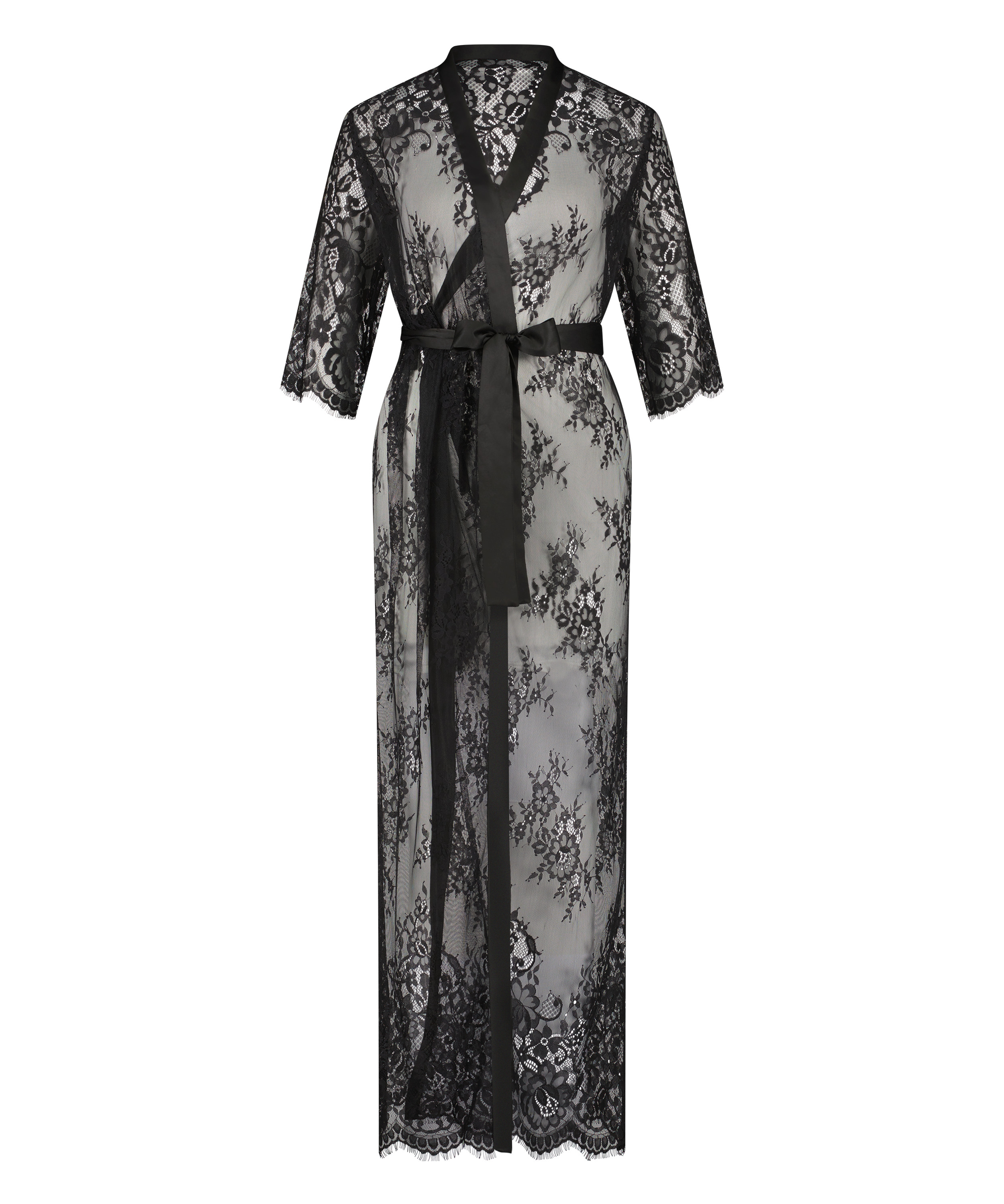 Długie kimono z koronką, Czarny, main