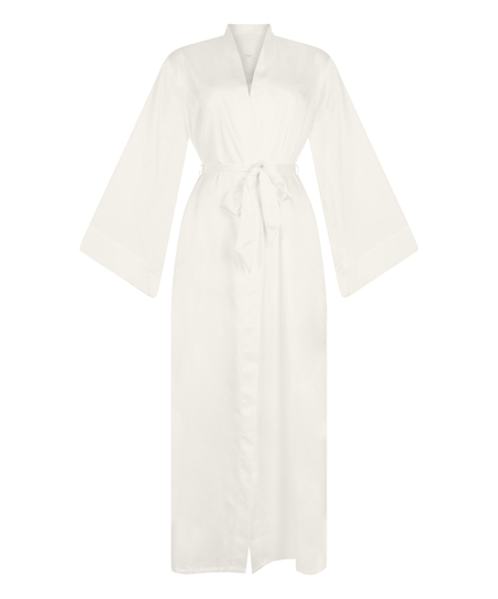 Długie satynowe kimono w kwiaty, Biały