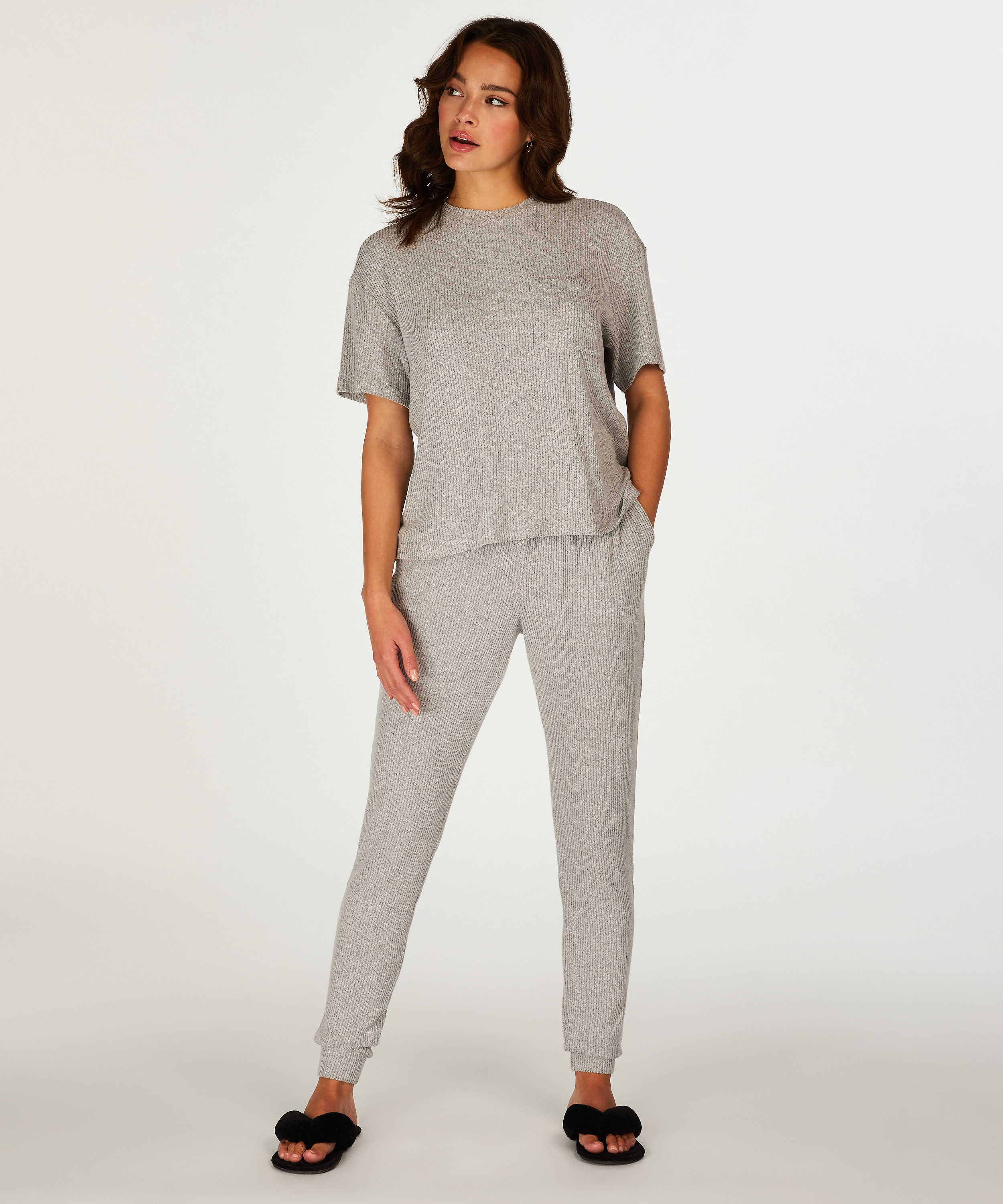 Top z kr&oacute;tkimi rękawami Rib, Szary, main