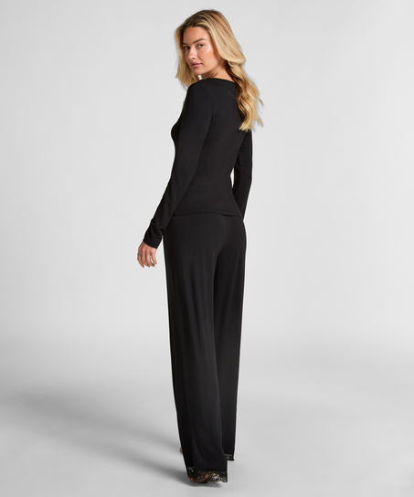 Koronkowa piżama z długim rękawem, Czarny