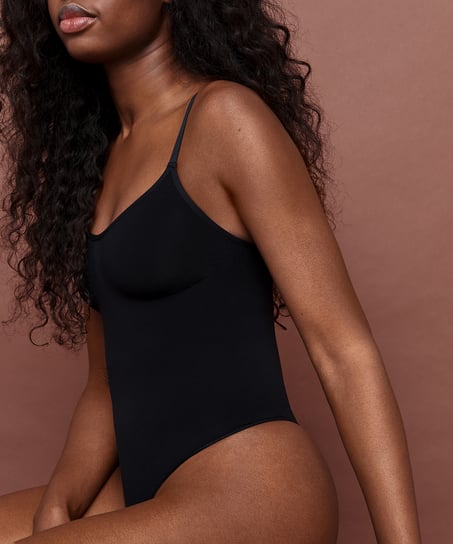 Bezszwowe wzmacniające body z wysokimi wycięciami, Czarny