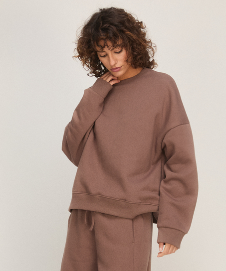 Bluza z Okrągłym Dekoltem z Czesanej Dzianiny Dresowej, Brązowy