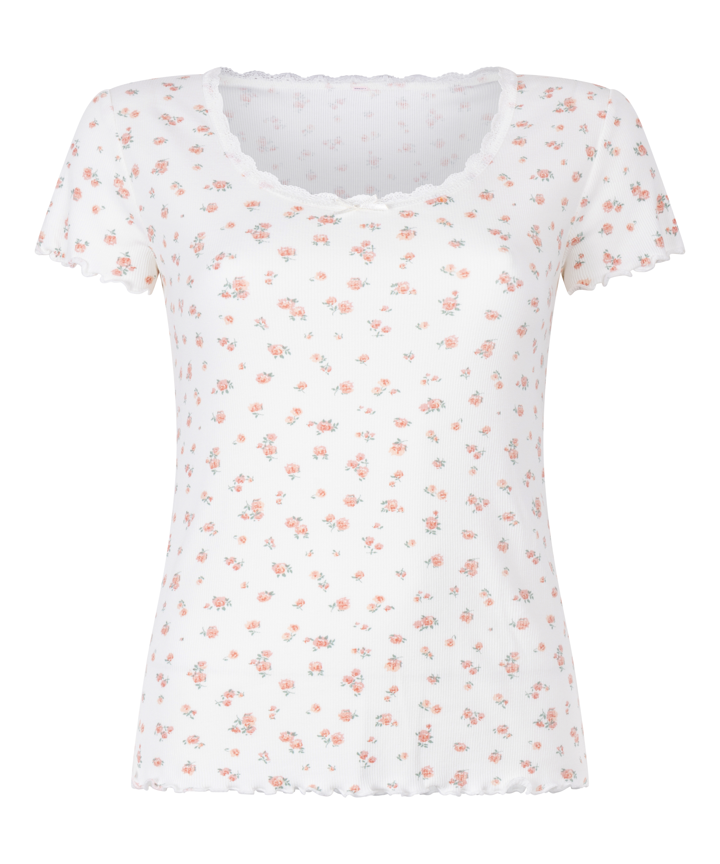 Prążkowany koronkowy top z kr&oacute;tkim rękawem, Biały, main