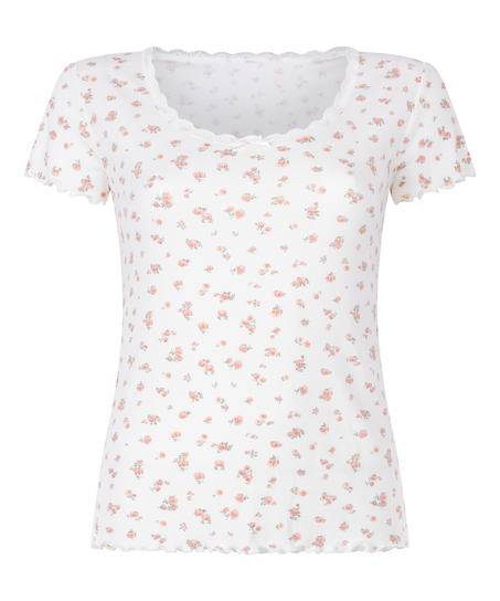 Prążkowany koronkowy top z kr&oacute;tkim rękawem, Biały