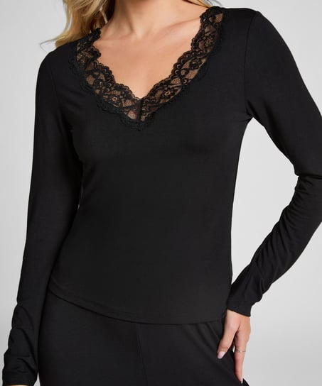 Koronkowa piżama z długim rękawem, Czarny