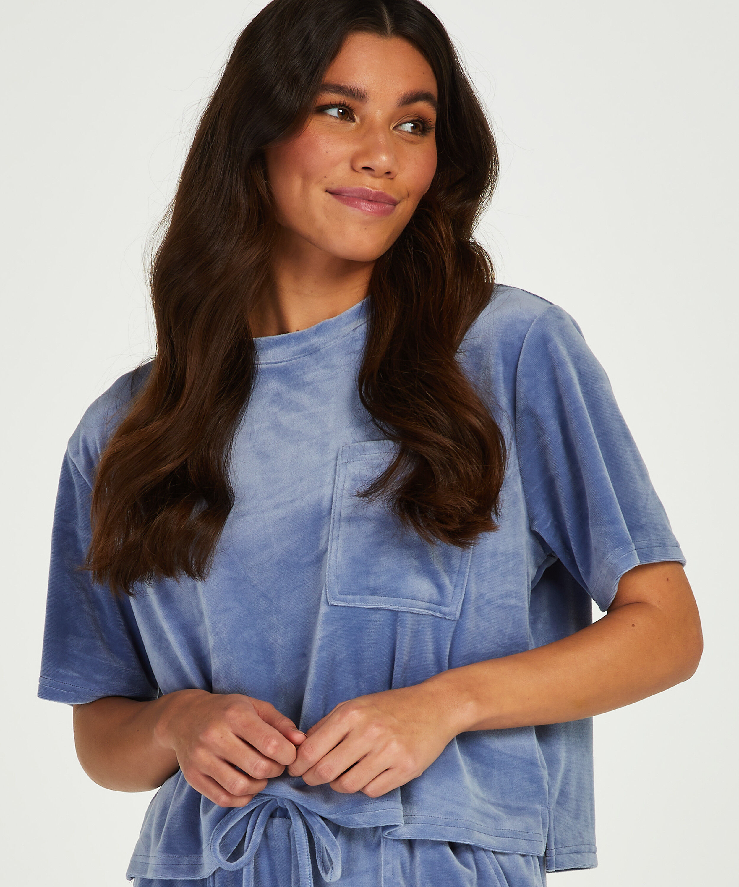 Top welurowy z kieszonką, Niebieski
