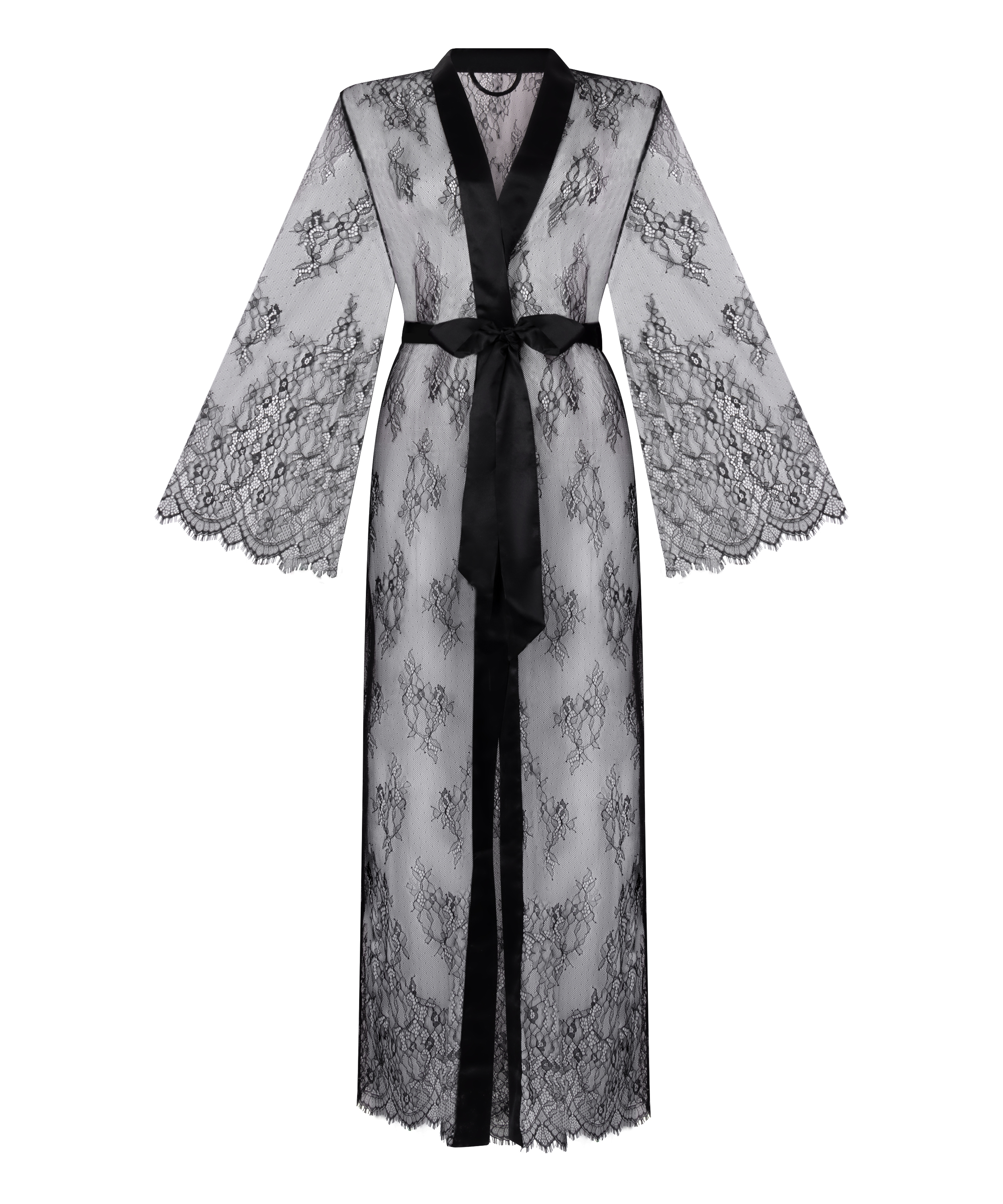 Długie kimono z koronką, Czarny, main