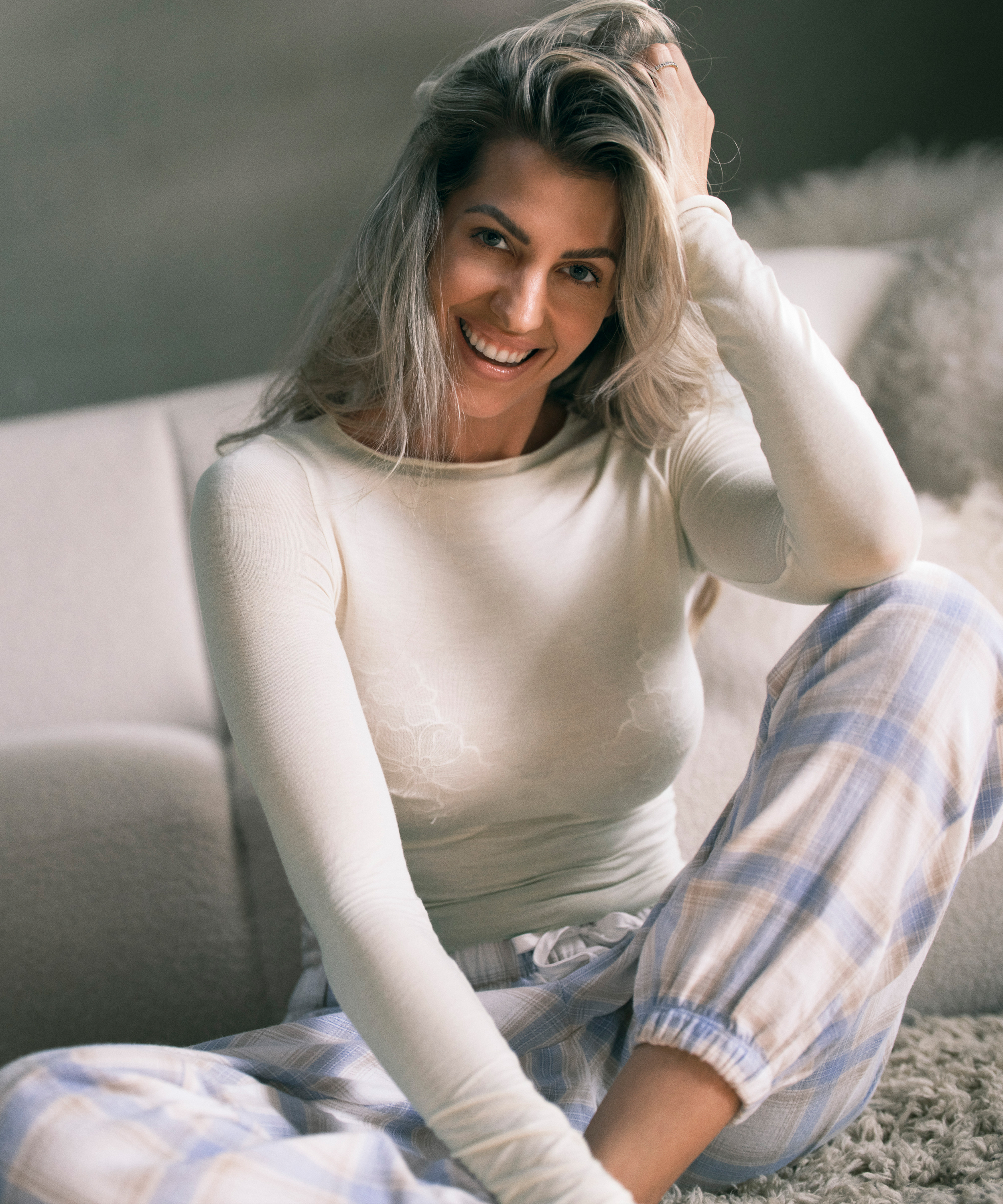 Twillowe spodnie od piżamy w kratę Petite, Niebieski, main