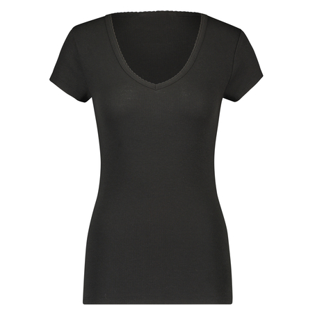 Top od piżamy z prążkowanego materiału z krótkimi rękawami., Czarny