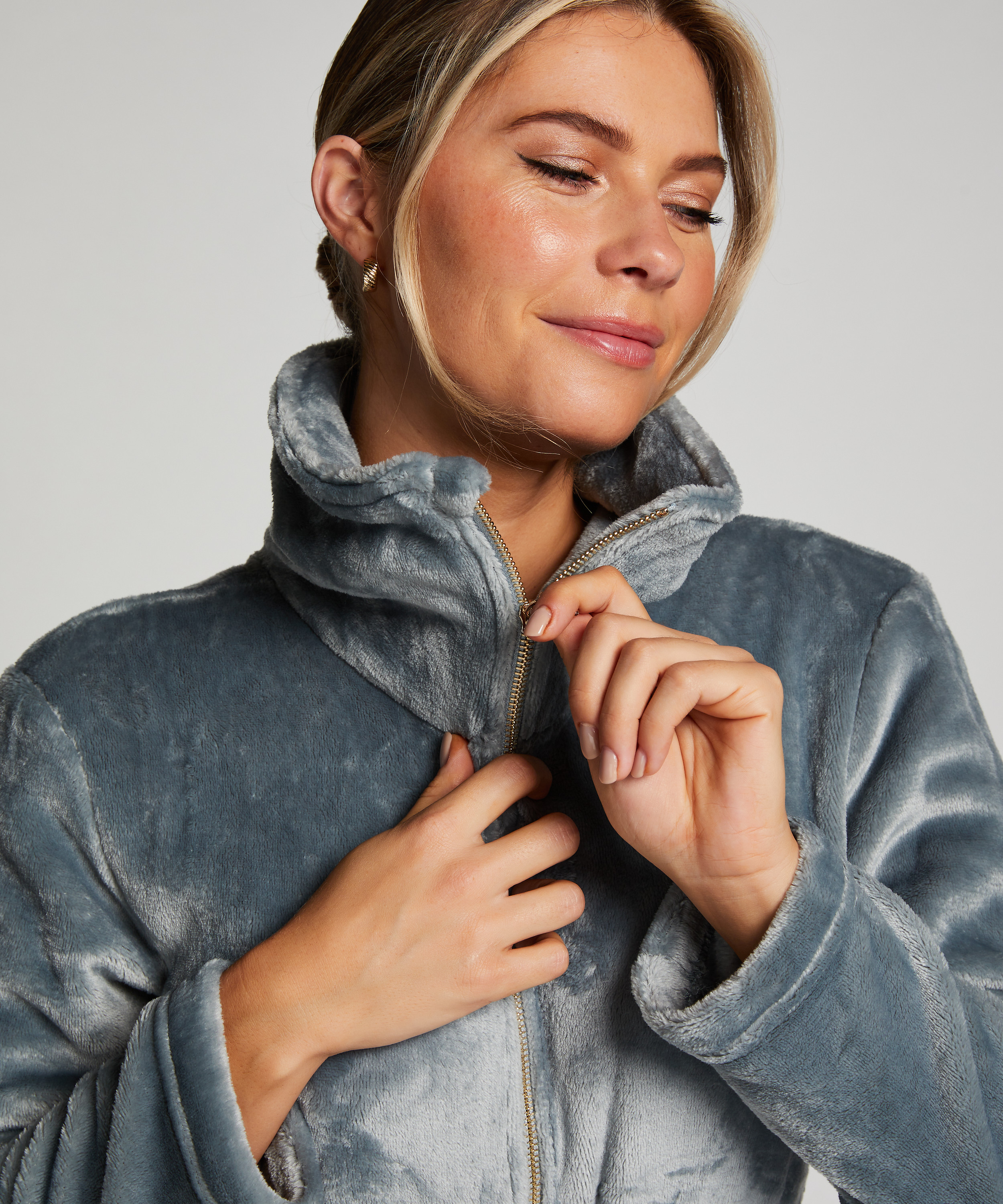 Szlafrok z polaru z zamkiem błyskawicznym, Niebieski, main