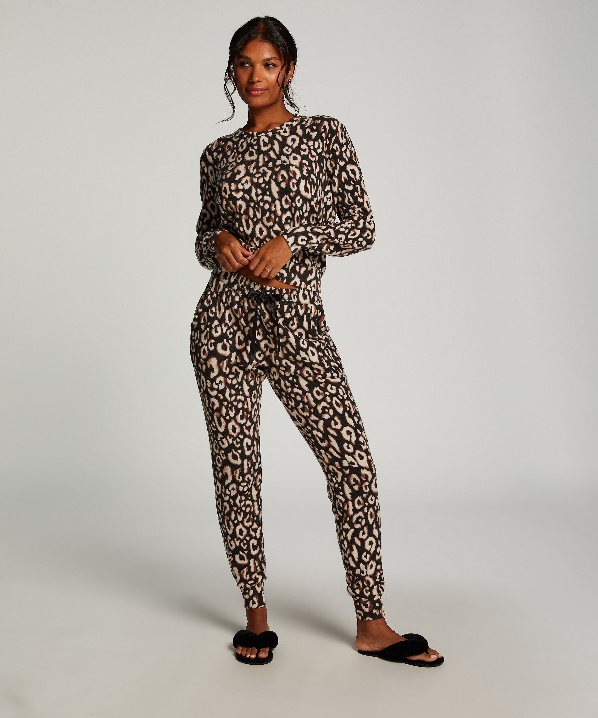 Piżamowy top z dżerseju z długimi rękawami, Czarny, main