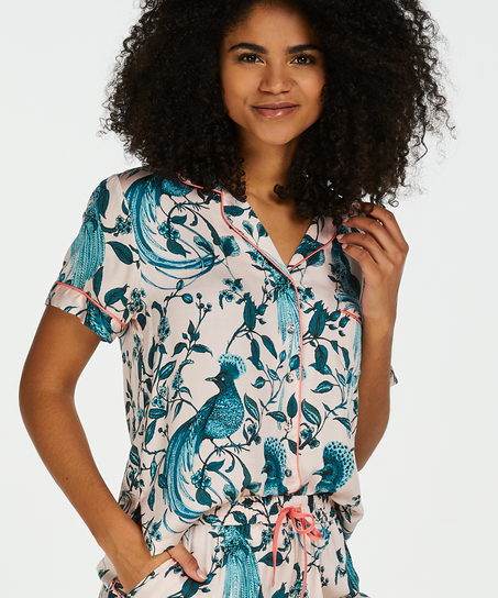 Woven Pyjama Jacket Short Sleeves, Różowy