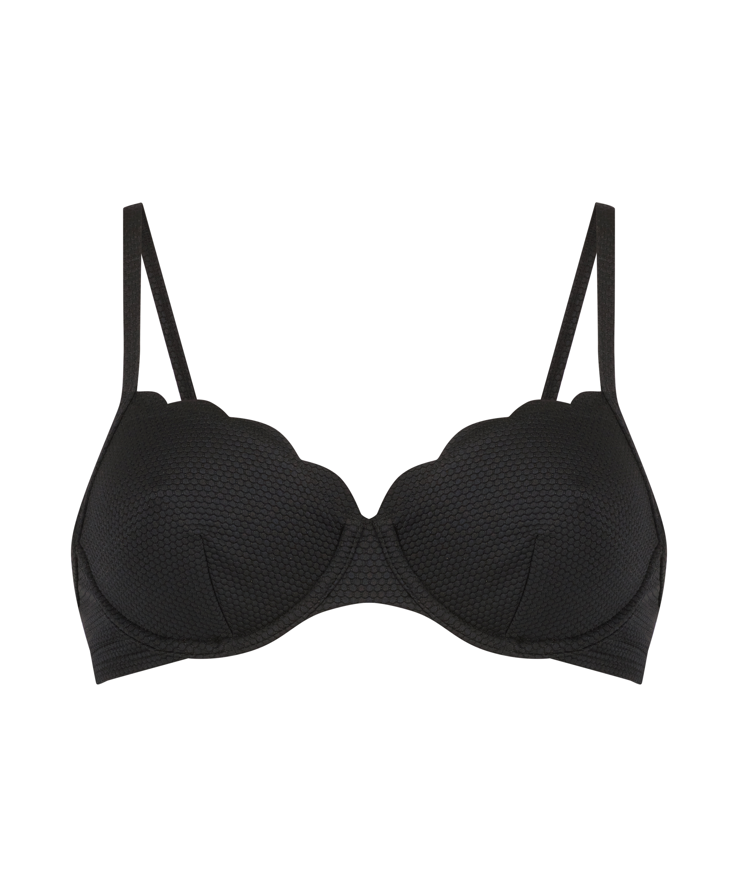 Nieusztywniany stanik bikini z fiszbinami, z falowanym brzegiem, Czarny, main