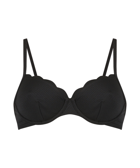 Nieusztywniany stanik bikini z fiszbinami, z falowanym brzegiem, Czarny
