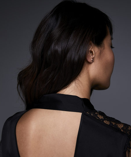 Satin Lace Flared Kimono, Czarny