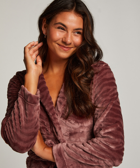 Krótki szlafrok z prążkowanego polaru, Fioletowy