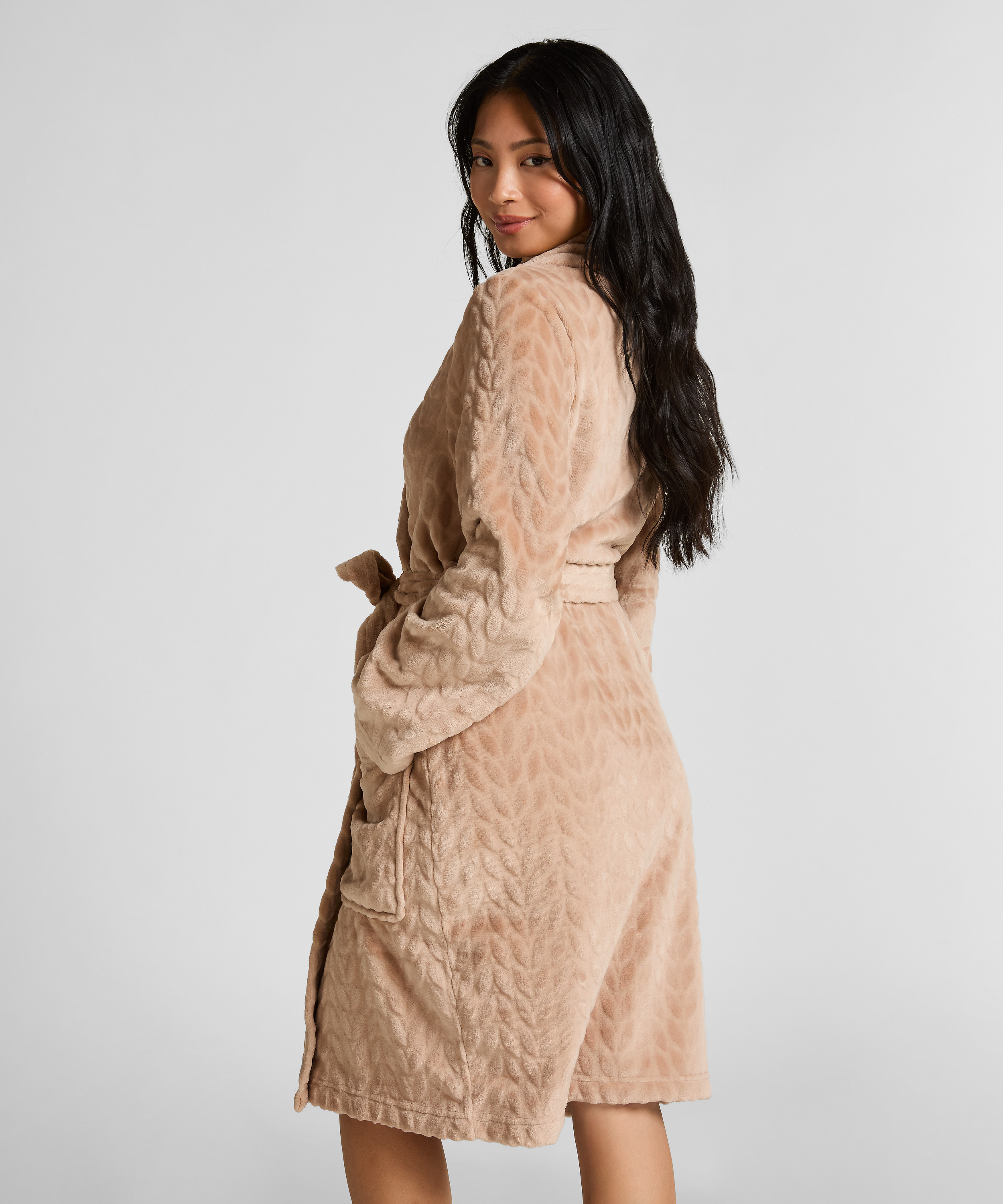 Kr&oacute;tki szlafrok fleece, Beżowy, main