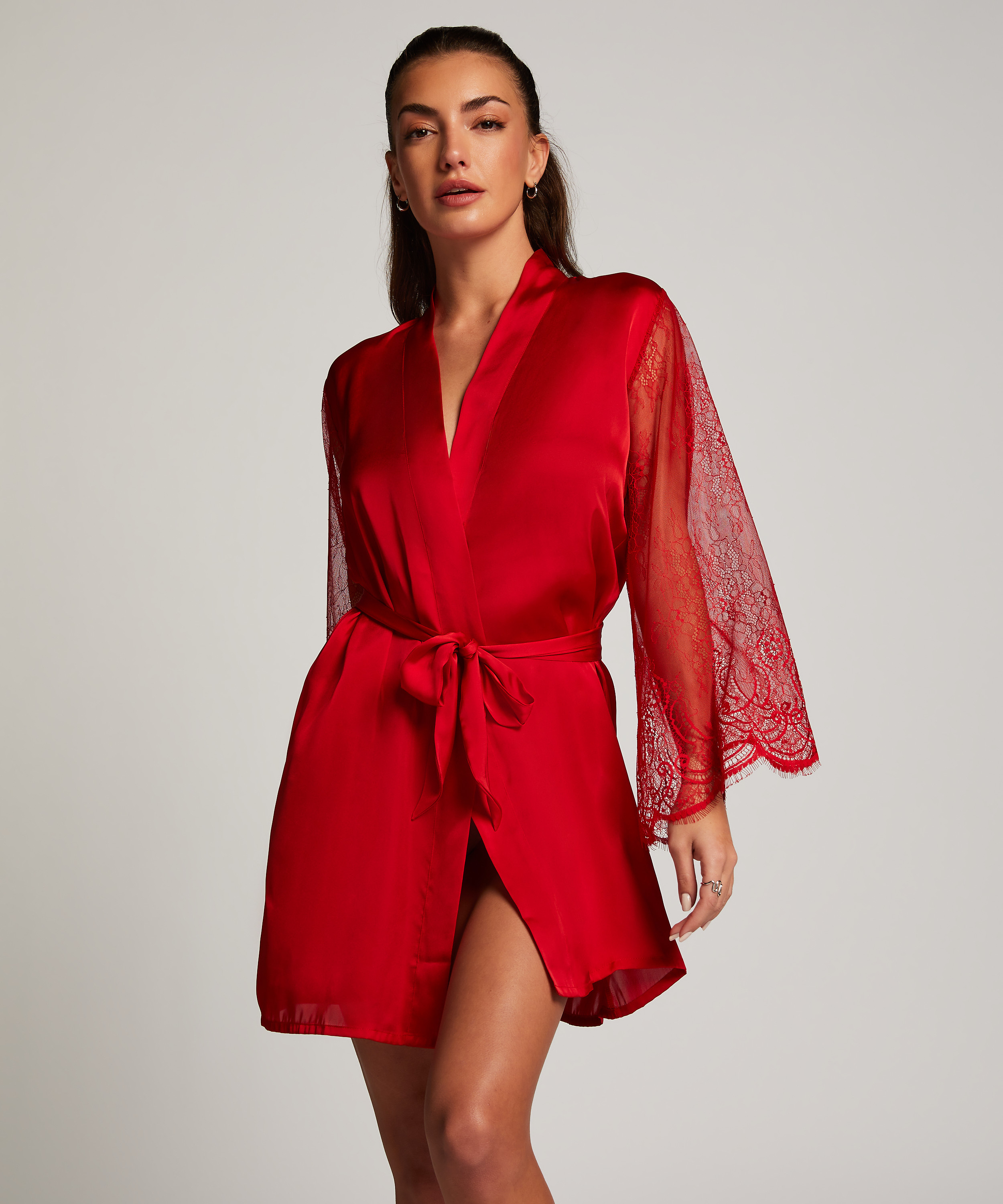 Satynowe kimono z koronką, Czerwony, main