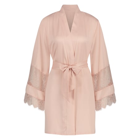 Satynowe kimono z koronką, R&oacute;żowy
