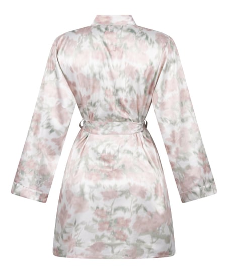 Satynowe Kimono w Kwiatowy Wz&oacute;r, Biały