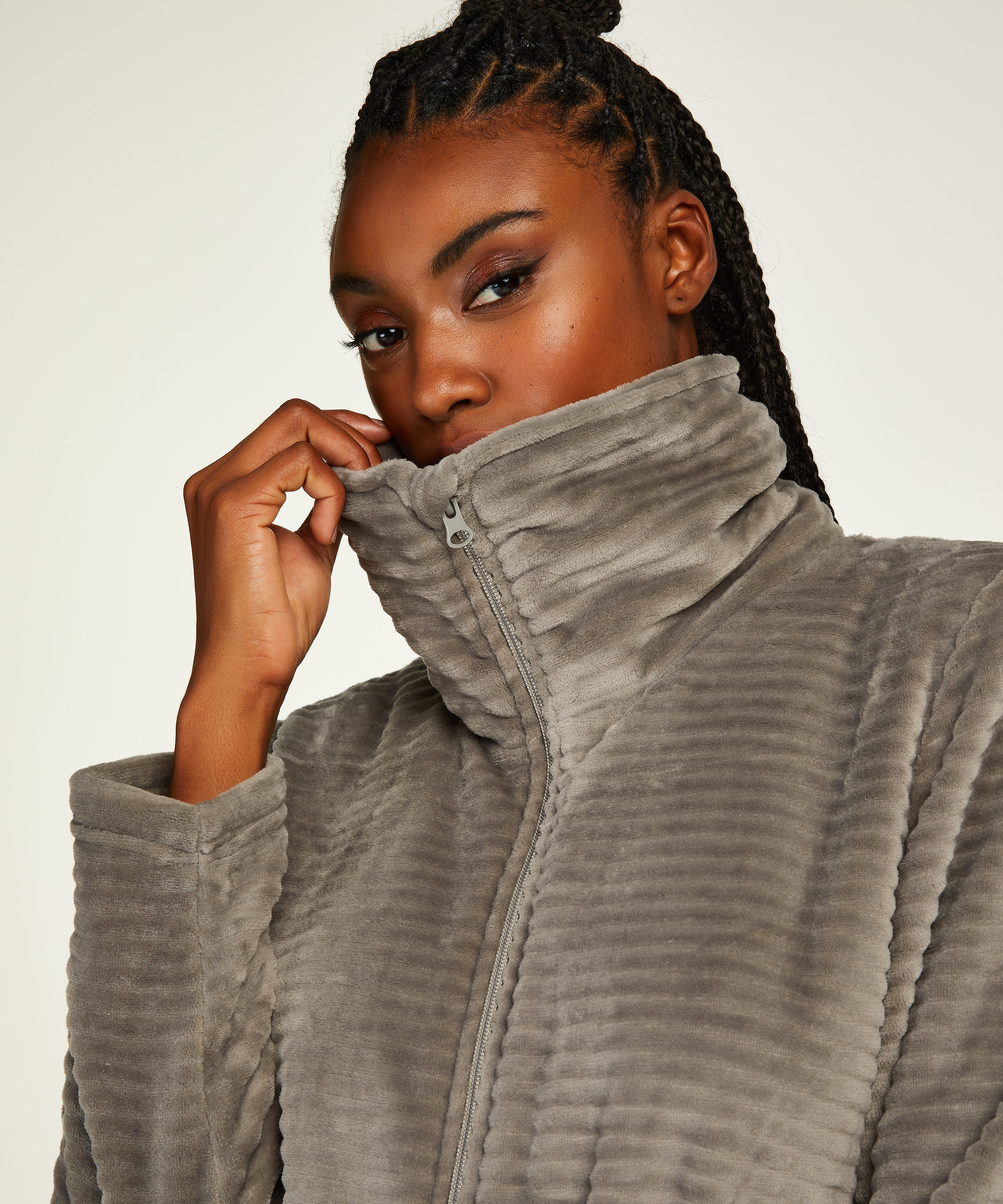 Szlafrok z polaru z zamkiem błyskawicznym, Szary, main