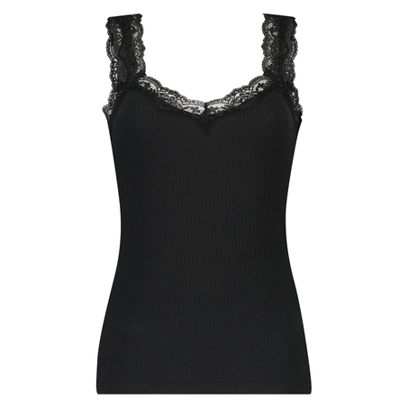 Rib lace cami top, Czarny