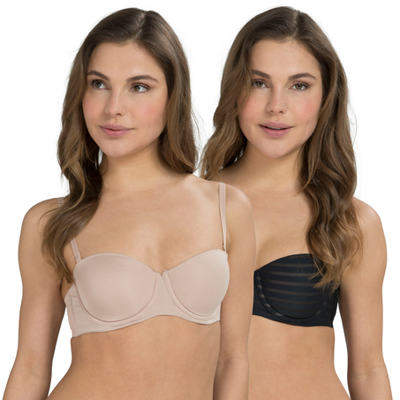 2 Strapless Padded Underwired Bras Lace, Czarny