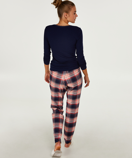 Prążkowany top z długim rękawem i okrągłym dekoltem, Niebieski