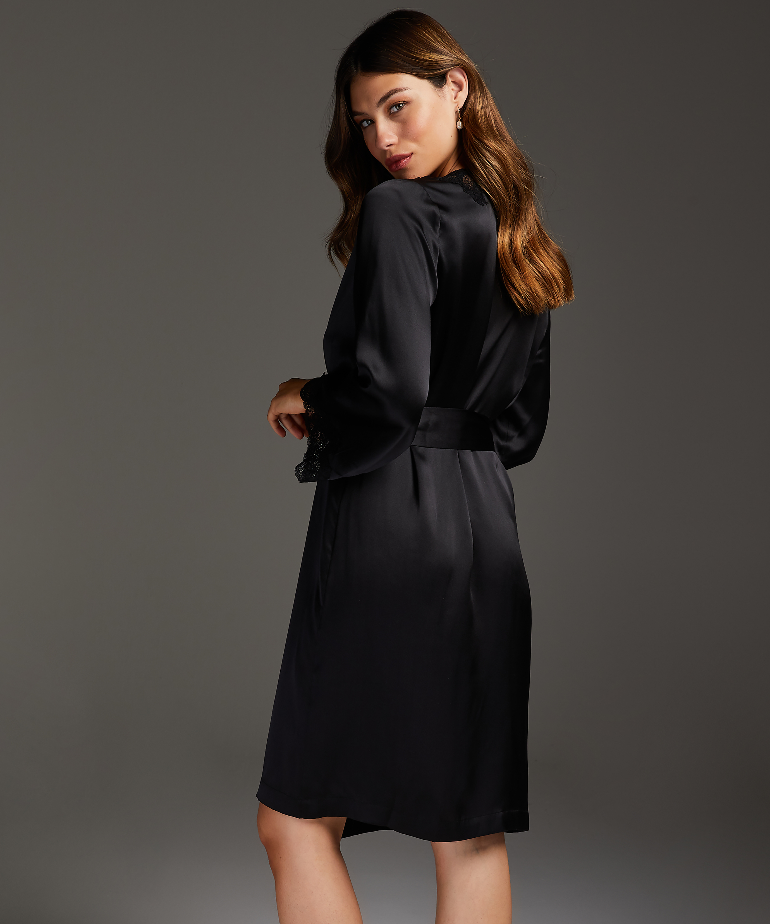 Jedwabne koronkowe kimono, Czarny, main