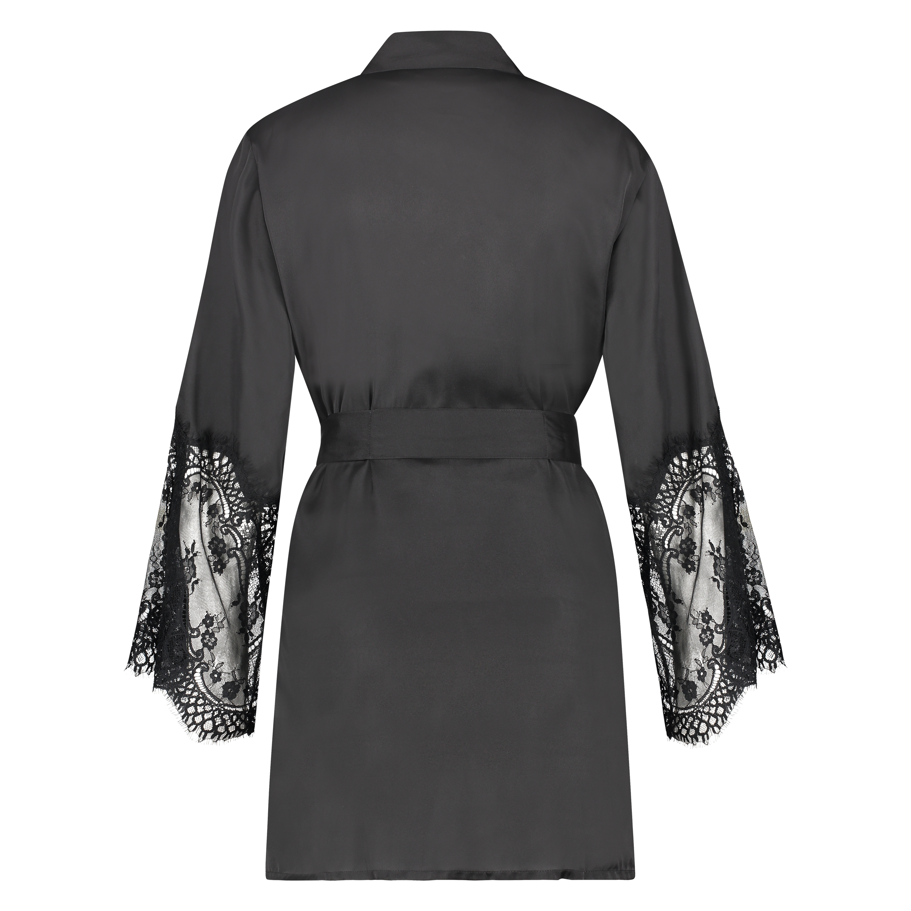 Kimono z satyny i koronki, Czarny, main