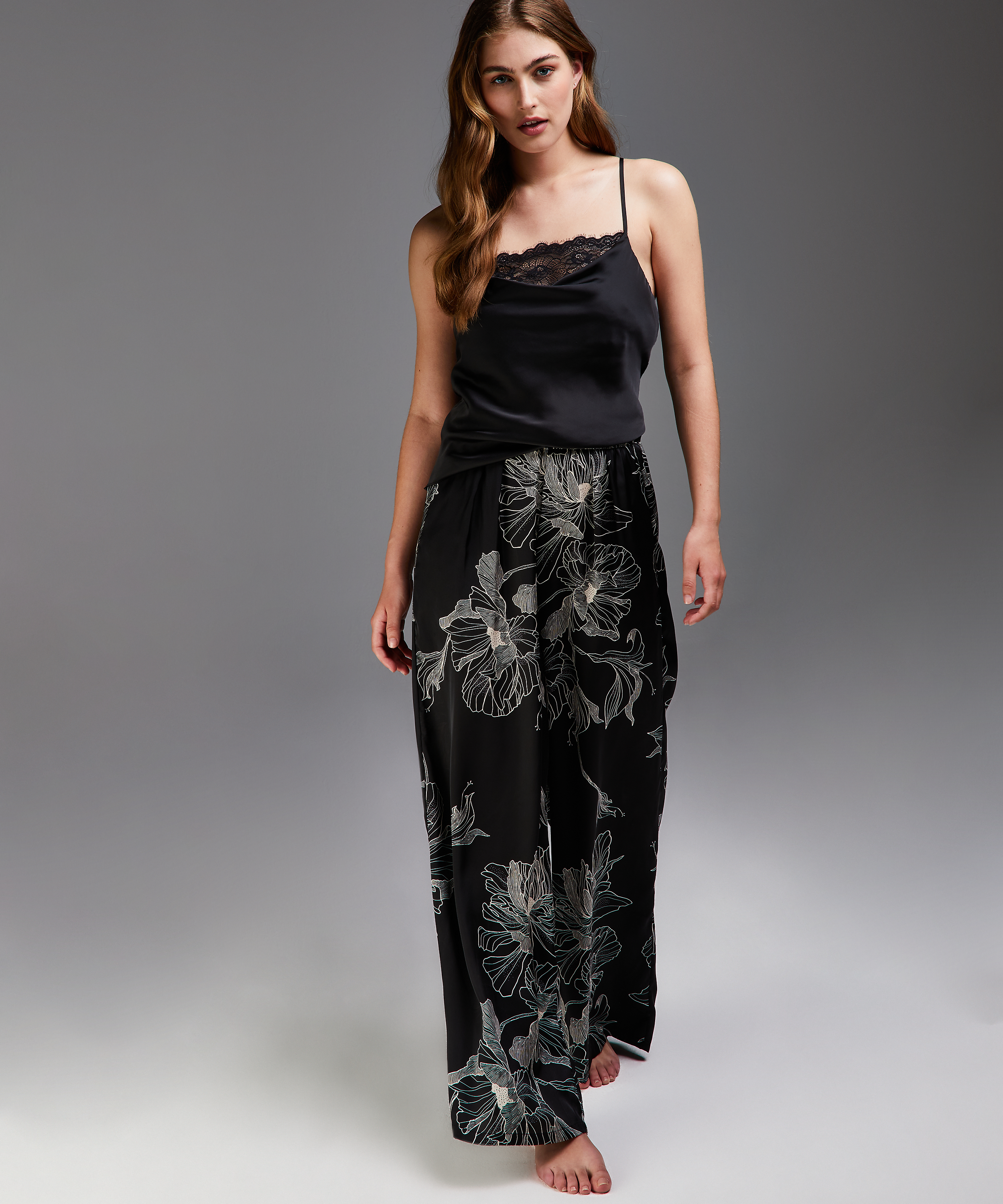Lotus satin palazzo trousers, Czarny, main